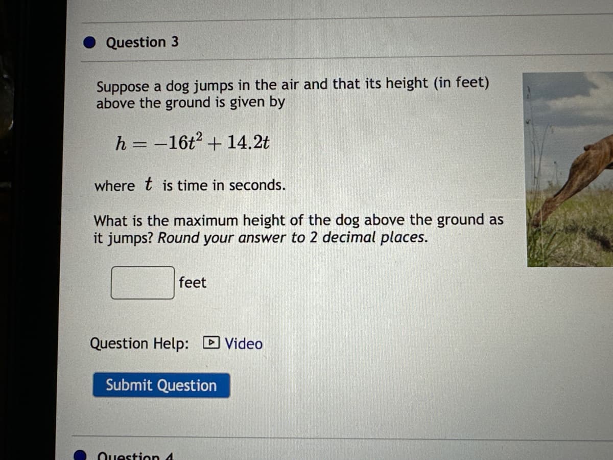 Question 3
Suppose a dog jumps in the air and that its height (in feet)
above the ground is given by
h
16t² + 14.2t
where this time in seconds.
What is the maximum height of the dog above the ground as
it jumps? Round your answer to 2 decimal places.
feet
Question Help: Video
Submit Question
Question 4