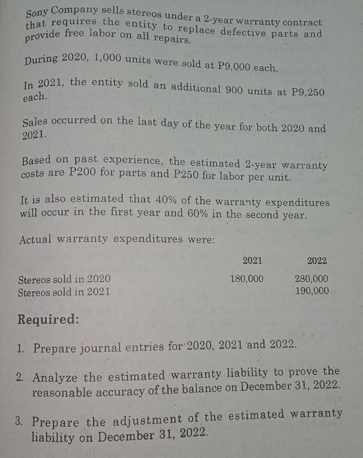 During 2020, 1,000 units were sold at P9,000 each.
that requires the entity to replace defective parts and
Sony Company sells stereos under a 2-year warranty contract
provide free labor on all repairs.
hat requires the entity to replace defective parts and
During 2020, 1,000 units were sold at P9,000 each.
In 2021, the entity sold an additional 900 units at P9,250
each.
Sales occurred on the last day of the year for both 2020 and
2021.
Based on past experience, the estimated 2-year warranty
costs are P200 for parts and P250 for labor per unit.
It is also estimated that 40% of the warranty expenditures
will occur in the first year and 60% in the second year.
Actual warranty expenditures were:
2021
2022
Stereos sold in 2020
Stereos sold in 2021
180,000
280,000
190,000
Required:
1. Prepare journal entries for 2020, 2021 and 2022.
2. Analyze the estimated warranty liability to prove the
reasonable accuracy of the balance on December 31, 2022.
3. Prepare the adjustment of the estimated warranty
liability on December 31, 2022.
