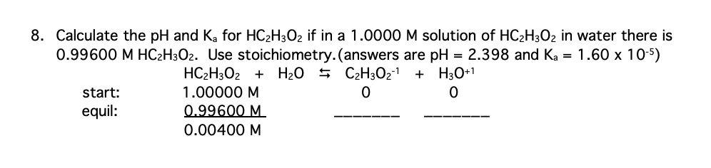 8. Calculate the pH and Ka for HC₂H3O2 if in a 1.0000 M solution of HC₂H3O2 in water there is
0.99600 M HC2H3O2. Use stoichiometry. (answers are pH = 2.398 and Ka 1.60 x 10-5)
H3O+1
HC₂H3O2 + H₂O C₂H30₂¹ +
1.00000 M
start:
0
0
equil:
0.99600 M
0.00400 M