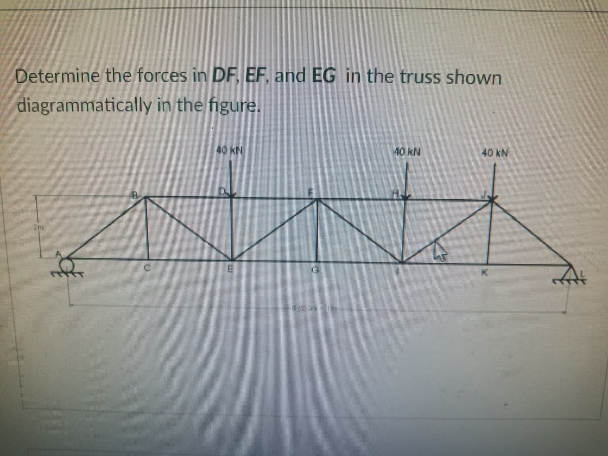 Determine the forces in DF, EF, and EG in the truss shown
diagrammatically in the figure.
40 kN
40 kN
40 kN
DJ
