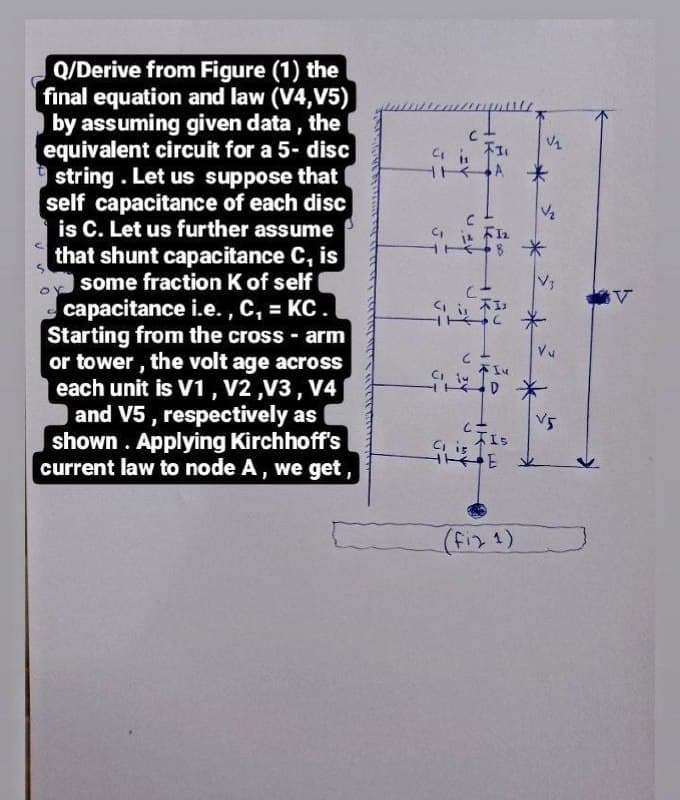 Q/Derive from Figure (1) the
final equation and law (V4,V5)
| by assuming given data , the
equivalent circuit for a 5- disc
string. Let us suppose that
self capacitance of each disc
is C. Let us further assume
that shunt capacitance C, is
| some fraction K of self
capacitance i.e., C, = KC.
Starting from the cross arm
or tower, the volt age across
each unit is V1, V2 ,V3, V4
and V5 , respectively as
shown . Applying Kirchhoff's
current law to node A, we get,
V5
(fiz 1)

