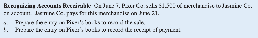 Recognizing Accounts Receivable On June 7, Pixer Co. sells $1,500 of merchandise to Jasmine Co.
on account. Jasmine Co. pays for this merchandise on June 21.
a. Prepare the entry on Pixer's books to record the sale.
b. Prepare the entry on Pixer's books to record the receipt of payment.