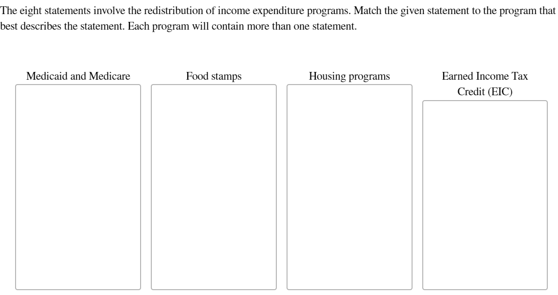 The eight statements involve the redistribution of income expenditure programs. Match the given statement to the program that
best describes the statement. Each program will contain more than one statement.
Medicaid and Medicare
Food stamps
Housing programs
Earned Income Tax
Credit (EIC)