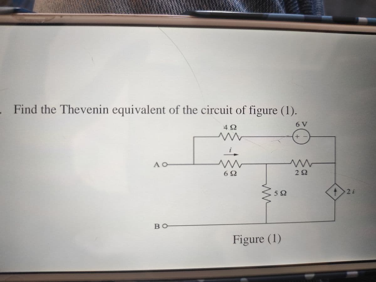 Find the Thevenin equivalent of the circuit of figure (1).
6 V
A O
62
22
52
2i
BO
Figure (1)
