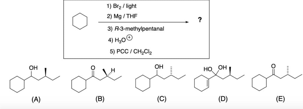 1) Br2 / light
2) Mg / THF
?
3) R-3-methylpentanal
4) H,00
5) РСС / CH-Cle
عل ل
OH
OH
Но Он
(A)
(B)
(C)
(D)
(E)

