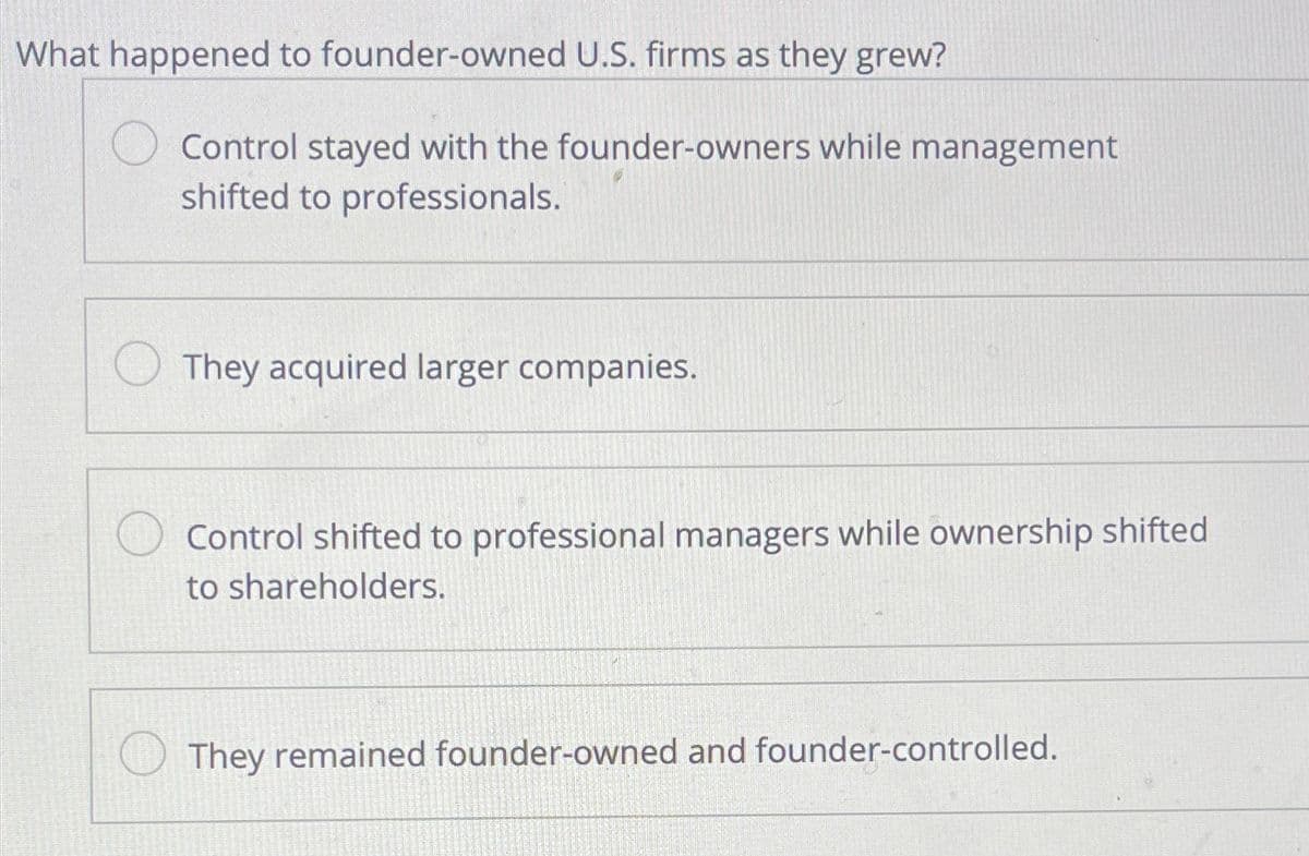 What happened to founder-owned U.S. firms as they grew?
Control stayed with the founder-owners while management
shifted to professionals.
They acquired larger companies.
Control shifted to professional managers while ownership shifted
to shareholders.
They remained founder-owned and founder-controlled.