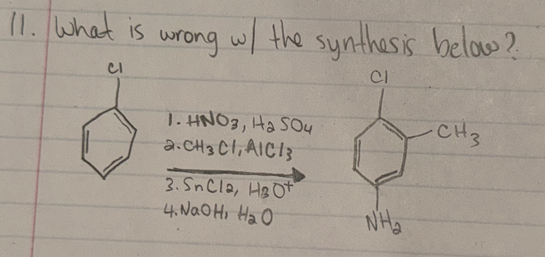 11. What is wrong w/ the synthesis below?
CI
Cl
1. HNO3, H2SO4
2.CH3 CI, AICI
3.SnCl2, H3O+
4.NaOH, H₂O
NHa
CH3