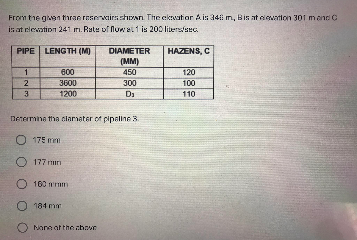 From the given three reservoirs shown. The elevation A is 346 m., B is at elevation 301 m and C
is at elevation 241 m. Rate of flow at 1 is 200 liters/sec.
PIPE
LENGTH (M)
DIAMETER
HAZENS, C
(MM)
450
600
120
3600
300
100
3
1200
D3
110
Determine the diameter of pipeline 3.
175 mm
177 mm
O 180 mmm
O 184 mm
None of the above
