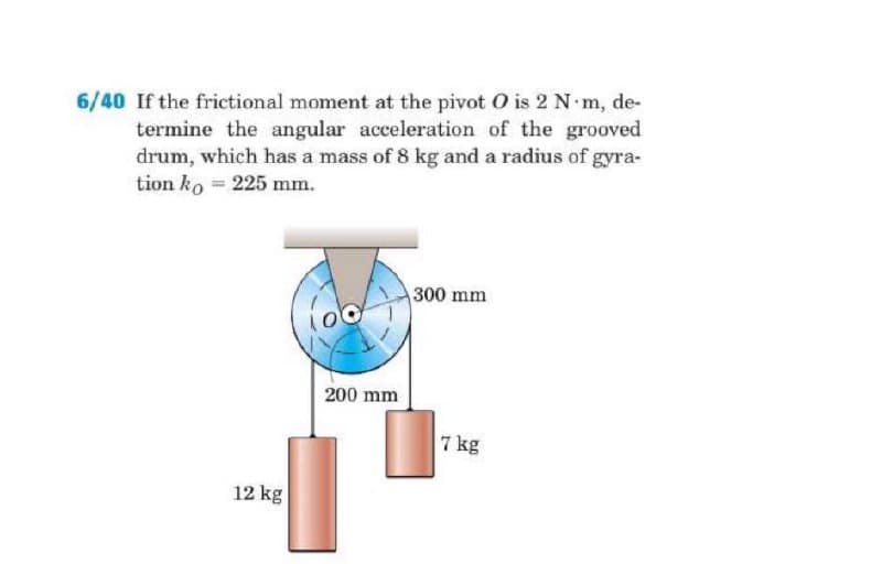 6/40 If the frictional moment at the pivot O is 2 N m, de-
termine the angular acceleration of the grooved
drum, which has a mass of 8 kg and a radius of gyra-
tion ko = 225 mm.
300 mm
200 mm
7 kg
12 kg
