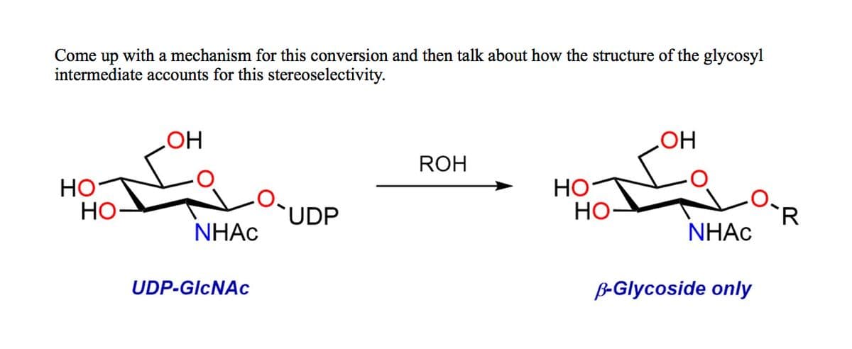 Come up with a mechanism for this conversion and then talk about how the structure of the glycosyl
intermediate accounts for this stereoselectivity.
OH
OH
ROH
HO
HO
HO
UDP
HO
NHAC
NHAC
UDP-GlcNAc
B-Glycoside only