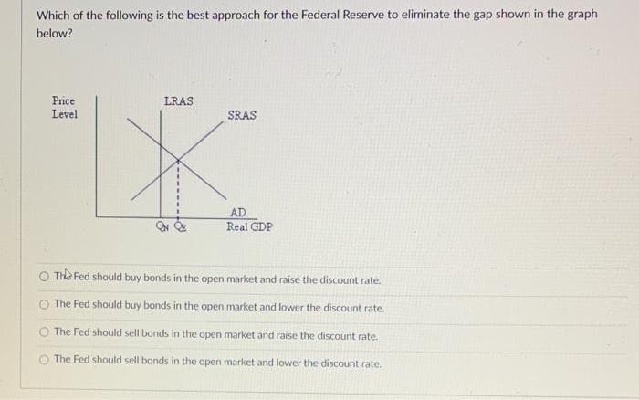 Which of the following is the best approach for the Federal Reserve to eliminate the gap shown in the graph
below?
Price
Level
LRAS
SRAS
AD
Real GDP
The Fed should buy bonds in the open market and raise the discount rate.
The Fed should buy bonds in the open market and lower the discount rate.
The Fed should sell bonds in the open market and raise the discount rate.
The Fed should sell bonds in the open market and lower the discount rate.