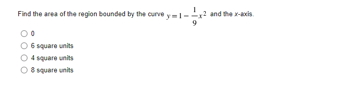 Find the area of the region bounded by the curve v=1-x2 and the x-axis.
6 square units
4 square units
8 square units
