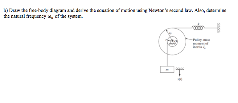 b) Draw the free-body diagram and derive the equation of motion using Newton's second law. Also, determine
the natural frequency wn of the system.
-Pulley, mass
moment of
inertia J,

