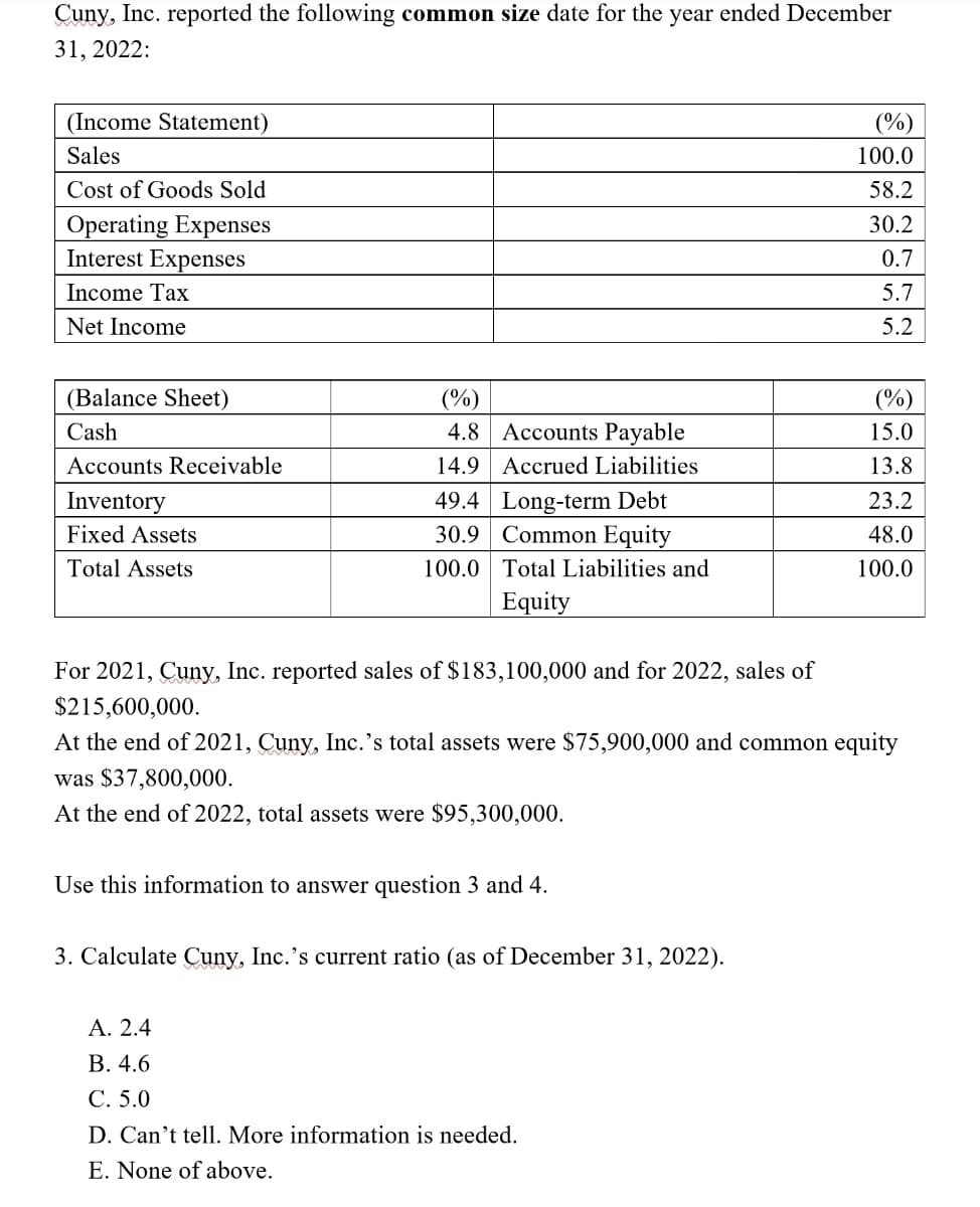 Cuny, Inc. reported the following common size date for the year ended December
31, 2022:
(Income Statement)
Sales
Cost of Goods Sold
Operating Expenses
Interest Expenses
Income Tax
Net Income
(Balance Sheet)
Cash
Accounts Receivable
Inventory
Fixed Assets
Total Assets
(%)
4.8
14.9 Accrued
Accounts Payable
bilities
49.4 Long-term Debt
30.9 Common Equity
100.0
Total Liabilities and
Equity
For 2021, Cuny, Inc. reported sales of $183,100,000 and for 2022, sales of
$215,600,000.
Use this information to answer question 3 and 4.
At the end of 2021, Cuny, Inc.'s total assets were $75,900,000 and common equity
was $37,800,000.
At the end of 2022, total assets were $95,300,000.
3. Calculate Cuny, Inc.'s current ratio (as of December 31, 2022).
(%)
100.0
58.2
30.2
0.7
5.7
5.2
A. 2.4
B. 4.6
C. 5.0
D. Can't tell. More information is needed.
E. None of above.
(%)
15.0
13.8
23.2
48.0
100.0