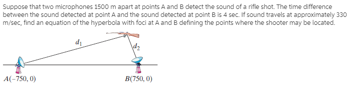 Suppose that two microphones 1500 m apart at points A and B detect the sound of a rifle shot. The time difference
between the sound detected at point A and the sound detected at point B is 4 sec. If sound travels at approximately 330
m/sec, find an equation of the hyperbola with foci at A and B defining the points where the shooter may be located.
di
\d2
A(-750, 0)
B(750, 0)
