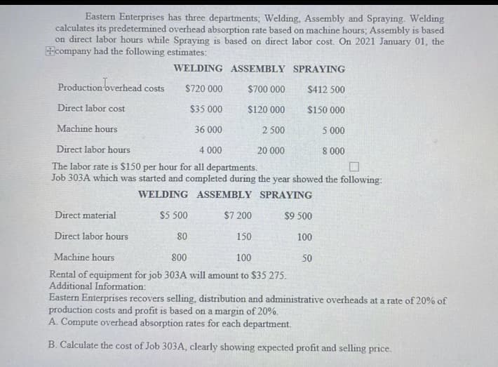 Eastern Enterprises has three departments; Welding, Assembly and Spraying. Welding
calculates its predetermined overhead absorption rate based on machine hours; Assembly is based
on direct labor hours while Spraying is based on direct labor cost. On 2021 January 01, the
company had the following estimates:
WELDING ASSEMBLY
$720 000
$700 000
$35 000
$120 000
Production overhead costs
Direct labor cost
Machine hours
36 000
2 500
ASSEMBLY
$7 200
150
SPRAYING
$412 500
$150 000
Direct labor hours
4 000
The labor rate is $150 per hour for all departments.
Job 303A which was started and completed during the year showed the following:
WELDING
SPRAYING
Direct material
$5 500
$9 500
Direct labor hours
80
Machine hours
800
100
Rental of equipment for job 303A will amount to $35 275.
Additional Information:
20 000
5 000
8 000
100
50
Eastern Enterprises recovers selling, distribution and administrative overheads at a rate of 20% of
production costs and profit is based on a margin of 20%.
A. Compute overhead absorption rates for each department.
B. Calculate the cost of Job 303A, clearly showing expected profit and selling price.