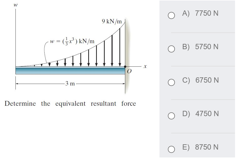 O A) 7750 N
9 kN/m
= () kN/m
B) 5750 N
C) 6750 N
3 m
Determine the equivalent resultant force
D) 4750 N
E) 8750 N
