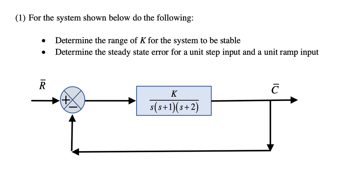 (1) For the system shown below do the following:
R
Determine the range of K for the system to be stable
Determine the steady state error for a unit step input and a unit ramp input
(+)
K
s(s+1)(s+2)
с