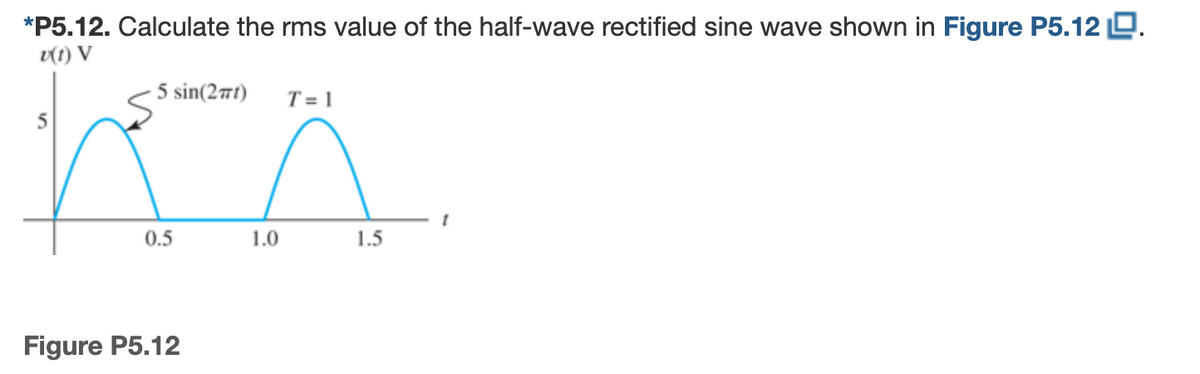 *P5.12. Calculate the rms value of the half-wave rectified sine wave shown in Figure P5.12 D.
v(1) V
5 sin(271)
T = 1
5
0.5
1.0
1.5
Figure P5.12
