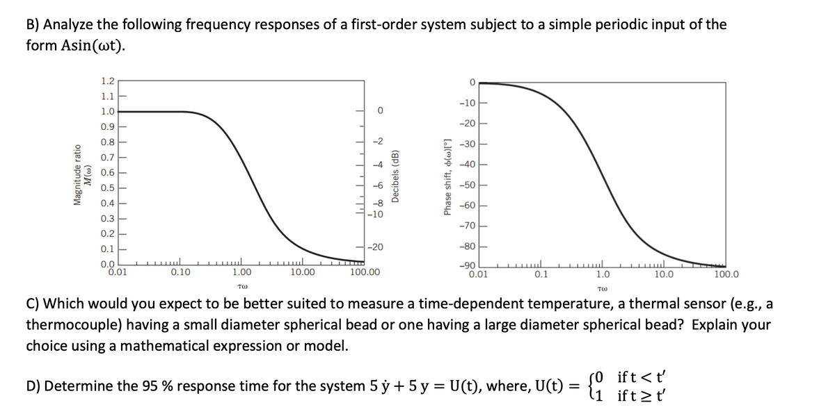 B) Analyze the following frequency responses of a first-order system subject to a simple periodic input of the
form Asin(wt).
1.2
1.1
1.0
0.9
0.8
0.7
0.6
0.5
0.4
0.3
0.2
0.1
0.0
0.01
0.10
L
1.00
τω
10.00
0
-2
-10
-20
100.00
0
-10
-20
-30
-40
-50
-60
-70
-80
-90
0.01
0.1
1.0
TW
10.0
100.0
C) Which would you expect to be better suited to measure a time-dependent temperature, a thermal sensor (e.g., a
thermocouple) having a small diameter spherical bead or one having a large diameter spherical bead? Explain your
choice using a mathematical expression or model.
D) Determine the 95 % response time for the system 5 y + 5y = U(t), where, U(t) = { iftst
1 t'