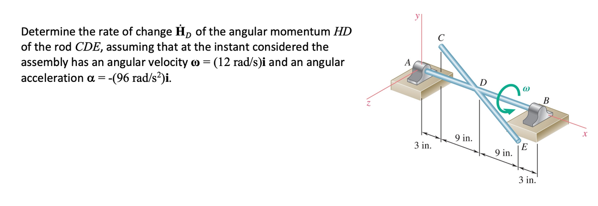 Determine the rate of change H, of the angular momentum HD
of the rod CDE, assuming that at the instant considered the
assembly has an angular velocity o = (12 rad/s)i and an angular
acceleration a = -(96 rad/s?)i.
C
A
D
В
Z.
9 in.
E
9 in.
3 in.
3 in.
