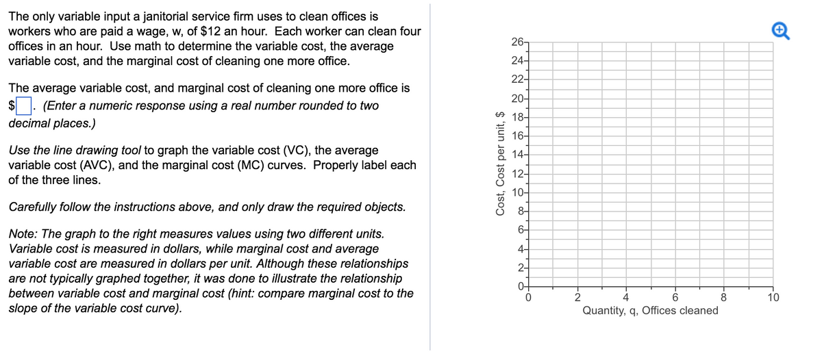 The only variable input a janitorial service firm uses to clean offices is
workers who are paid a wage, w, of $12 an hour. Each worker can clean four
offices in an hour. Use math to determine the variable cost, the average
variable cost, and the marginal cost of cleaning one more office.
$
The average variable cost, and marginal cost of cleaning one more office is
(Enter a numeric response using a real number rounded to two
decimal places.)
Use the line drawing tool to graph the variable cost (VC), the average
variable cost (AVC), and the marginal cost (MC) curves. Properly label each
of the three lines.
Carefully follow the instructions above, and only draw the required objects.
Note: The graph to the right measures values using two different units.
Variable cost is measured in dollars, while marginal cost and average
variable cost are measured in dollars per unit. Although these relationships
are not typically graphed together, it was done to illustrate the relationship
between variable cost and marginal cost (hint: compare marginal cost to the
slope of the variable cost curve).
Cost, Cost per unit, $
26-
24-
22-
20-
18-
16-
14-
12-
10-
8-
6-
4-
2-
0-
0
2
4
Quantity, q, Offices cleaned
- co
8
Q
10
