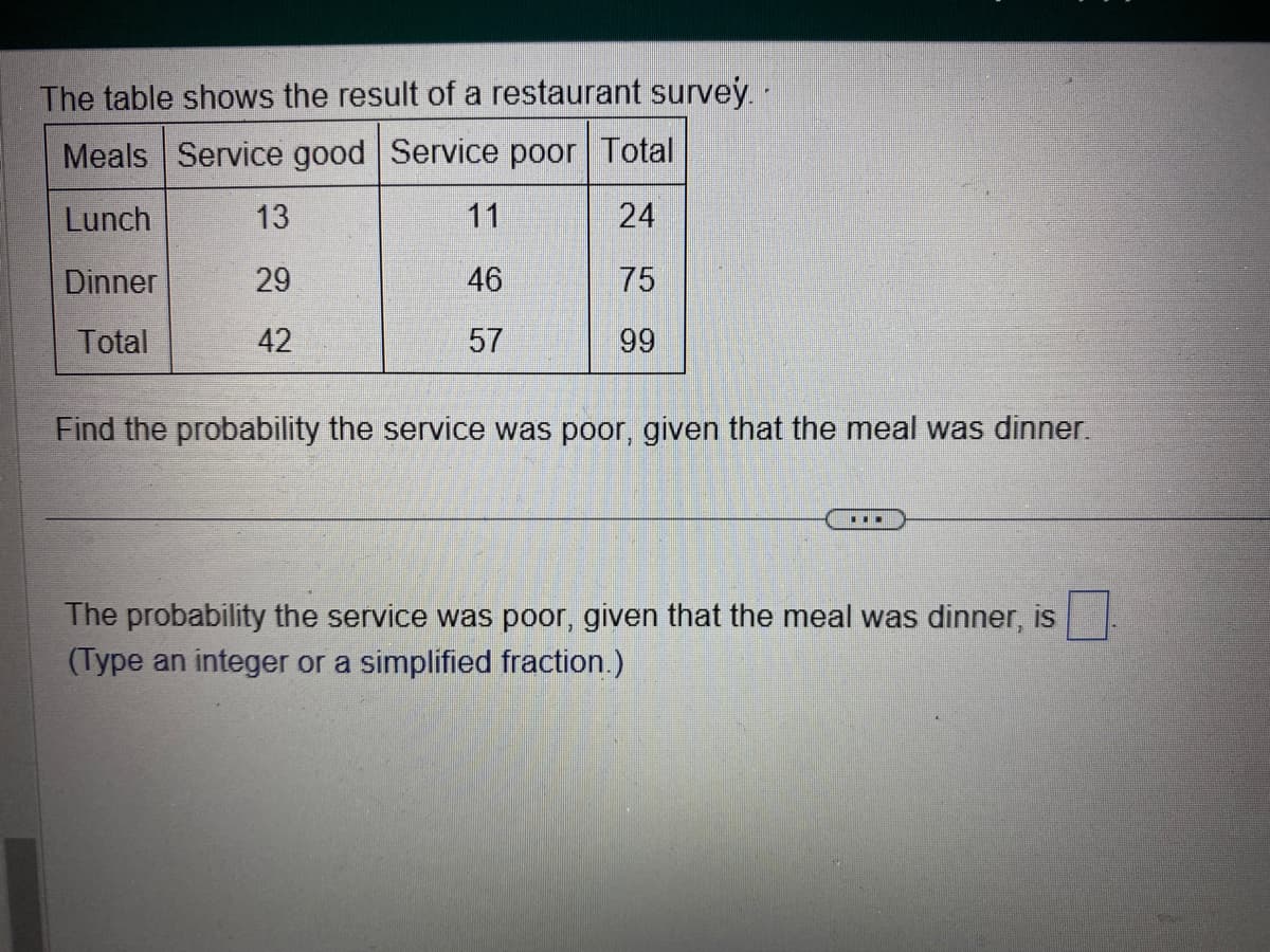 The table shows the result of a restaurant survey..
Meals Service good Service poor Total
Lunch
24
Dinner
75
Total
99
13
29
42
11
46
57
Find the probability the service was poor, given that the meal was dinner.
The probability the service was poor, given that the meal was dinner, is
(Type an integer or a simplified fraction.)
