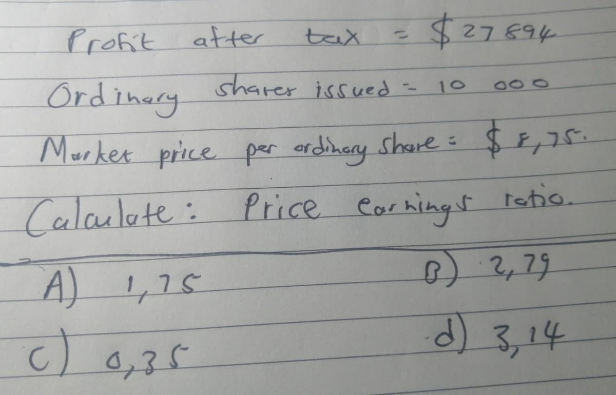 Profit after
Ordinary.
sharer issued = 10
Market price per ordinary share= $8,75.
ratio.
Calculate: Price
Carnings
A) 1,15
c) 0,35
tax
$27894
000
B 2,79
d) 3, 14