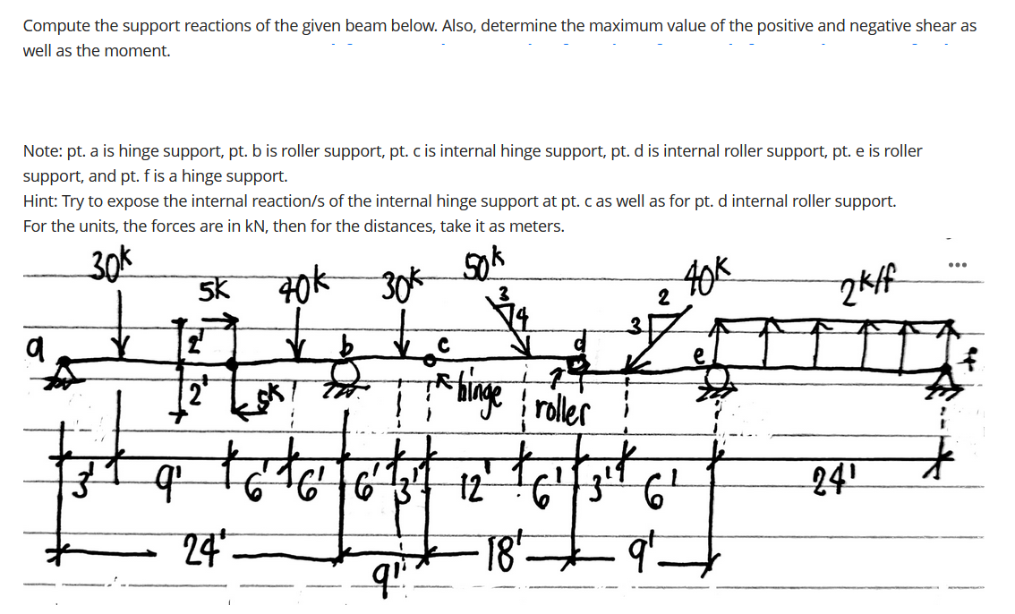 Compute the support reactions of the given beam below. Also, determine the maximum value of the positive and negative shear as
well as the moment.
Note: pt. a is hinge support, pt. b is roller support, pt. cis internal hinge support, pt. d is internal roller support, pt. e is roller
support, and pt. f is a hinge support.
Hint: Try to expose the internal reaction/s of the internal hinge support at pt. c as well as for pt. d internal roller support.
For the units, the forces are in kN, then for the distances, take it as meters.
30k
5K
g0k 30*
40k
...
<hingeroller
12
24'
オ
24
