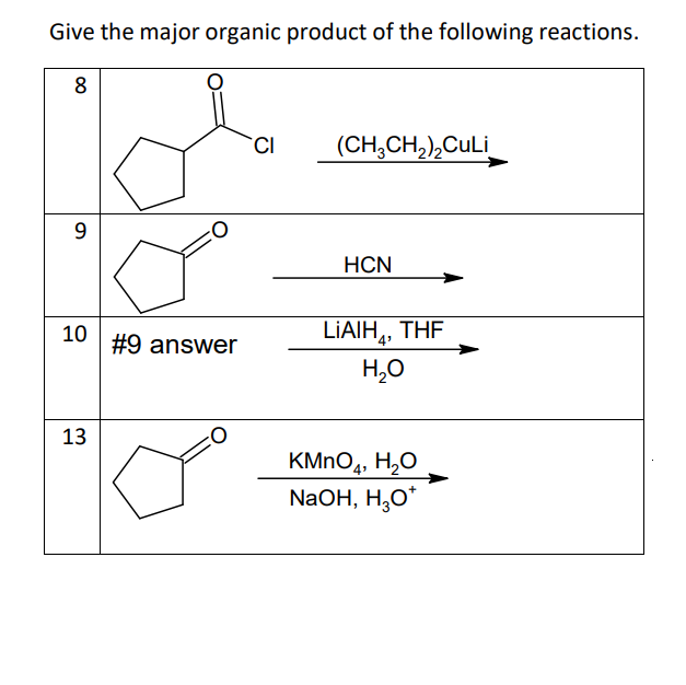 Give the major organic product of the following reactions.
8
9
10
13
-O
#9 answer
-O
CI
(CH3CH₂)₂CuLi
HCN
LIAIH, THE
H₂O
KMnO4, H₂O
NaOH, H₂O*