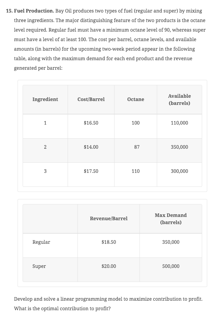 15. Fuel Production. Bay Oil produces two types of fuel (regular and super) by mixing
three ingredients. The major distinguishing feature of the two products is the octane
level required. Regular fuel must have a minimum octane level of 90, whereas super
must have a level of at least 100. The cost per barrel, octane levels, and available
amounts (in barrels) for the upcoming two-week period appear in the following
table, along with the maximum demand for each end product and the revenue
generated per barrel:
Ingredient
1
2
3
Regular
Super
Cost/Barrel
$16.50
$14.00
$17.50
Revenue/Barrel
$18.50
Octane
$20.00
100
87
110
Available
(barrels)
110,000
350,000
300,000
Max Demand
(barrels)
350,000
500,000
Develop and solve a linear programming model to maximize contribution to profit.
What is the optimal contribution to profit?