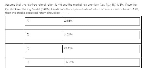 Assume that the risk-free rate of return is 4% and the market risk premium (i.e., Rm - R;) is 8%. If use the
Capital Asset Pricing Model (CAPM) to estimate the expected rate of return on a stock with a beta of 1.28,
then this stock's expected return should be
A)
10.53%
B)
14.24%
23.15%
6.59%
