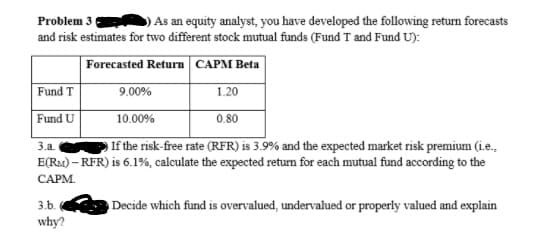 Problem 3
)As an equity analyst, you have developed the following return forecasts
and risk estimates for two different stock mutual funds (Fund T and Fund U):
Forecasted Return CAPM Beta
Fund T
9.00%
1.20
Fund U
10.00%
0.80
If the risk-free rate (RFR) is 3.9% and the expected market risk premium (i.e.,
E(Ra) – RFR) is 6.1%, calculate the expected return for each mutual fund according to the
3.а.
САРМ.
3.b.
Decide which fund is overvalued, undervalued or properly valued and explain
why?
