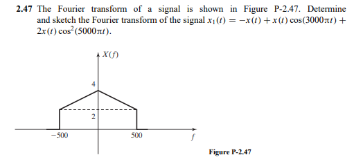 2.47 The Fourier transform of a signal is shown in Figure P-2.47. Determine
and sketch the Fourier transform of the signal x1 (1) = -x(1) +x(t) cos(3000rt) +
2x(t) cos (5000rt).
500
500
Figure P-2.47
