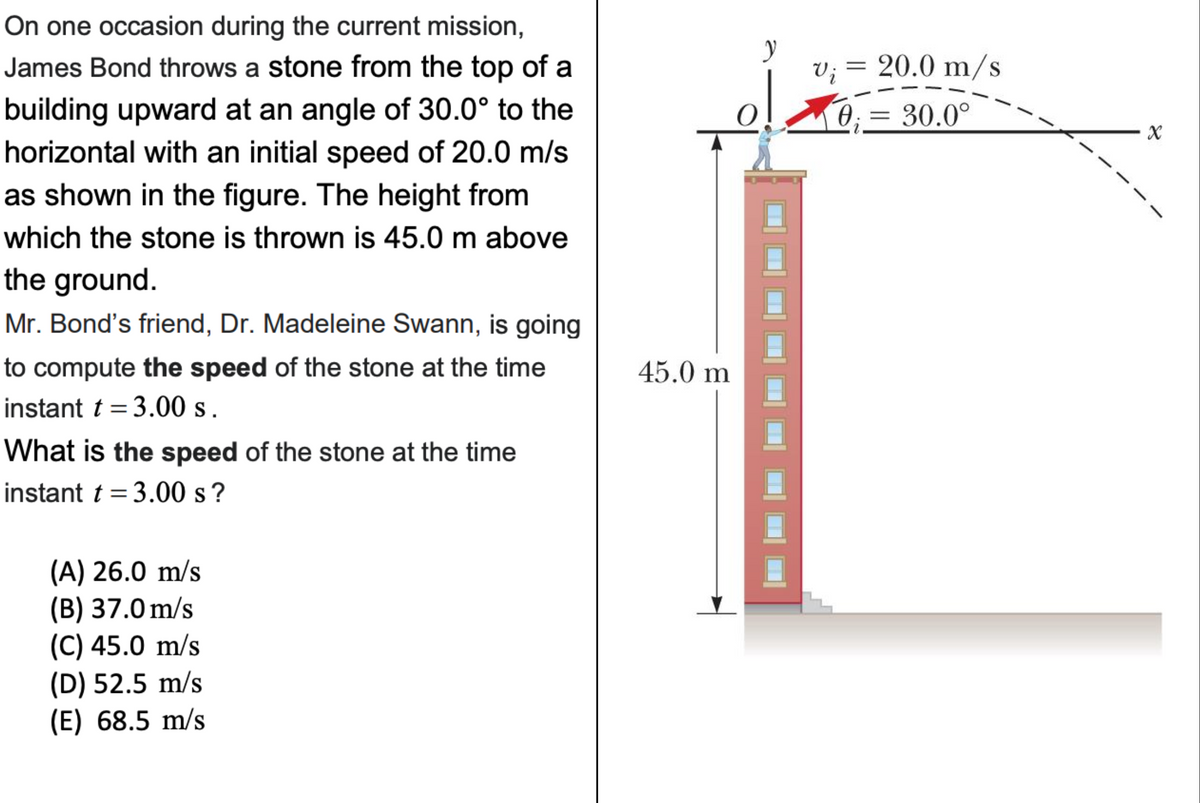 On one occasion during the current mission,
James Bond throws a stone from the top of a
building upward at an angle of 30.0° to the
horizontal with an initial speed of 20.0 m/s
as shown in the figure. The height from
which the stone is thrown is 45.0 m above
the ground.
Mr. Bond's friend, Dr. Madeleine Swann, is going
to compute the speed of the stone at the time
instant t = 3.00 s.
What is the speed of the stone at the time
instant t = 3.00 s?
(A) 26.0 m/s
(B) 37.0 m/s
(C) 45.0 m/s
(D) 52.5 m/s
(E) 68.5 m/s
45.0 m
y
Vi
=
0
20.0 m/s
30.0°
=
x