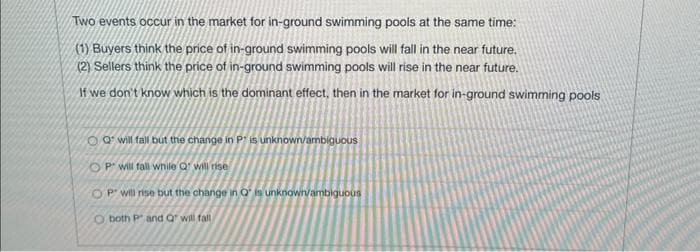 Two events occur in the market for in-ground swimming pools at the same time:
(1) Buyers think the price of in-ground swimming pools will fall in the near future.
(2) Sellers think the price of in-ground swimming pools will rise in the near future.
If we don't know which is the dominant effect, then in the market for in-ground swimming pools
OQ will fall but the change in P is unknown/ambiguous
OP will fall while Q' will rise
OP will rise but the change in Q' is unknown/ambiguous
O both P and Q" will fall