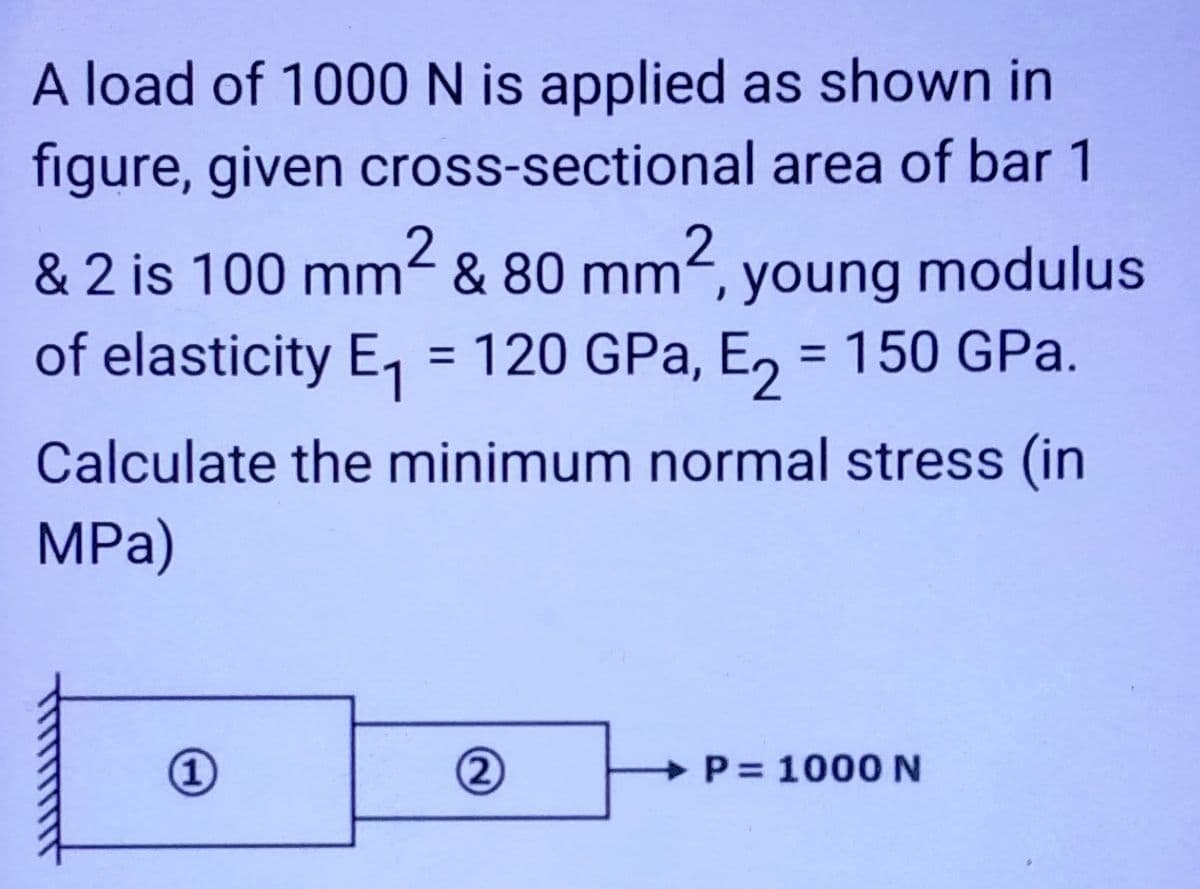 A load of 1000 N is applied as shown in
figure, given cross-sectional area of bar 1
& 2 is 100 mm² & 80 mm2, young modulus
of elasticity E₁ = 120 GPa, E₂ = 150 GPa.
Calculate the minimum normal stress (in
MPa)
(1)
(2)
P=
P= 1000 N