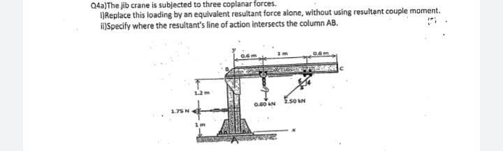 Q4a)The jib crane is subjected to three coplanar forces.
I)Replace this loading by an equivalent resultant force alone, without using resultant couple moment.
i)Specify where the resultant's line of action intersects the column AB.
1.2 m
0.00 AN 250 AN
1.75N
