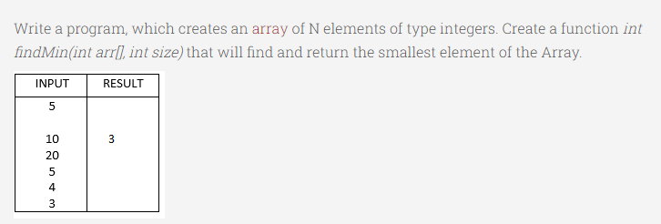 Write a program, which creates an array of N elements of type integers. Create a function int
findMin(int arr|], int size) that will find and return the smallest element of the Array.
INPUT
RESULT
10
20
5
