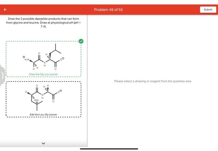 Draw the 2 possible dipeptide products that can form
from glycine and leucine. Draw at physiological pH (pH =
7.4).
HIN,
H
Draw the Gly-Leu isomer
NHI
HH
.00
00
Edit the Leu-Gly isomer
Problem 49 of 55
Please select a drawing or reagent from the question area
Submit