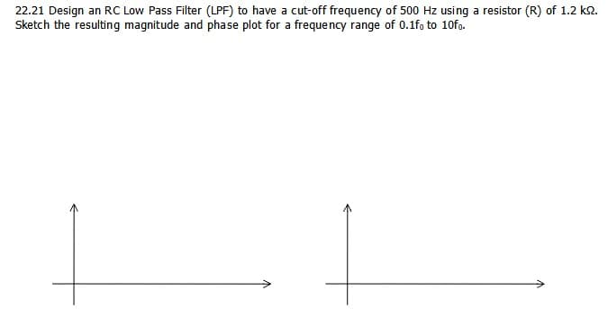 22.21 Design an RC Low Pass Filter (LPF) to have a cut-off frequency of 500 Hz using a resistor (R) of 1.2 k2.
Sketch the resulting magnitude and phase plot for a frequency range of 0.1fo to 10fo.
