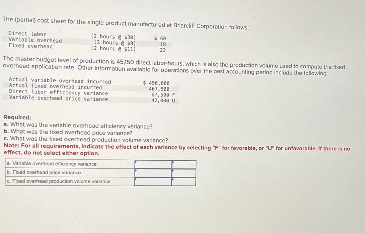 The (partial) cost sheet for the single product manufactured at Briarcliff Corporation follows:
Direct labor
Variable overhead
Fixed overhead
(2 hours @ $30)
$ 60
(2 hours @ $9)
(2 hours @ $11)
18
22
The master budget level of production is 45,150 direct labor-hours, which is also the production volume used to compute the fixed
overhead application rate. Other information available for operations over the past accounting period include the following:
Actual variable overhead incurred
Actual fixed overhead incurred
Direct labor efficiency variance
Variable overhead price variance
$ 456,000
467,500
67,500 F
42,000 U
Required:
a. What was the variable overhead efficiency variance?
b. What was the fixed overhead price variance?
c. What was the fixed overhead production volume variance?
Note: For all requirements, indicate the effect of each variance by selecting "F" for favorable, or "U" for unfavorable. If there is no
effect, do not select either option.
a. Variable overhead efficiency variance
b. Fixed overhead price variance
c. Fixed overhead production volume variance