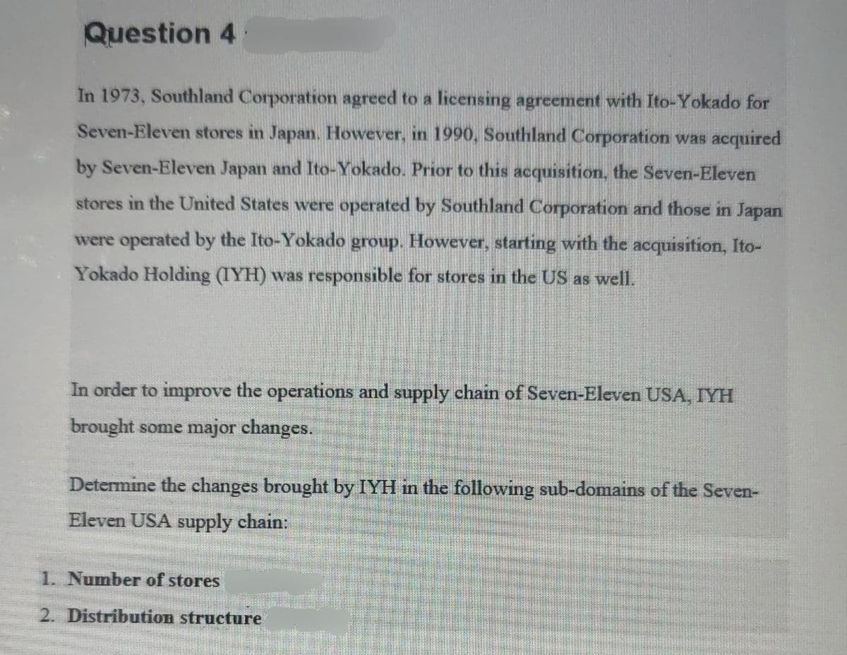 Question 4
In 1973, Southland Corporation agreed to a licensing agreement with Ito-Yokado for
Seven-Eleven stores in Japan. However, in 1990, Southland Corporation was acquired
by Seven-Eleven Japan and Ito-Yokado. Prior to this acquisition, the Seven-Eleven
stores in the United States were operated by Southland Corporation and those in Japan
were operated by the Ito-Yokado group. However, starting with the acquisition, Ito-
Yokado Holding (IYH) was responsible for stores in the US as well.
In order to improve the operations and supply chain of Seven-Eleven USA, IYH
brought some major changes.
Determine the changes brought by IYH in the following sub-domains of the Seven-
Eleven USA supply chain:
1. Number of stores
2. Distribution structure