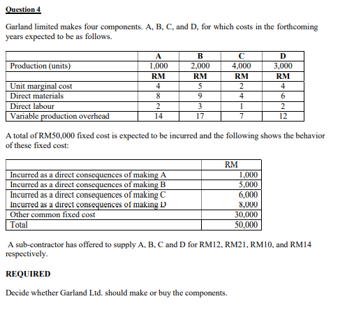 Question 4
Garland limited makes four components. A, B, C, and D, for which costs in the forthcoming
years expected to be as follows.
Production (units)
Unit marginal cost
Direct materials
Direct labour
Variable production overhead
A
1,000
RM
4
8
2
14
B
2,000
RM
5
Incurred as a direct consequences of making A
Incurred as a direct consequences of making B
Incurred as a direct consequences of making C
Incurred as a direct consequences of making D
Other common fixed cost
Total
9
3
17
с
4,000
RM
2
4
1
7
A total of RM50,000 fixed cost is expected to be incurred and the following shows the behavior
of these fixed cost:
RM
D
3,000
RM
4
1,000
5,000
6,000
8,000
30,000
50,000
6
2
12
A sub-contractor has offered to supply A, B, C and D for RM12, RM21, RM10, and RM14
respectively.
REQUIRED
Decide whether Garland Ltd. should make or buy the components.
