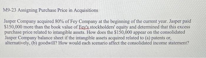 M9-23 Assigning Purchase Price in Acquisitions
Jasper Company acquired 80% of Fey Company at the beginning of the current year. Jasper paid
$150,000 more than the book value of Eex's stockholders' equity and determined that this excess
purchase price related to intangible assets. How does the $150,000 appear on the consolidated
Jasper Company balance sheet if the intangible assets acquired related to (a) patents or,
alternatively, (b) goodwill? How would each scenario affect the consolidated income statement?