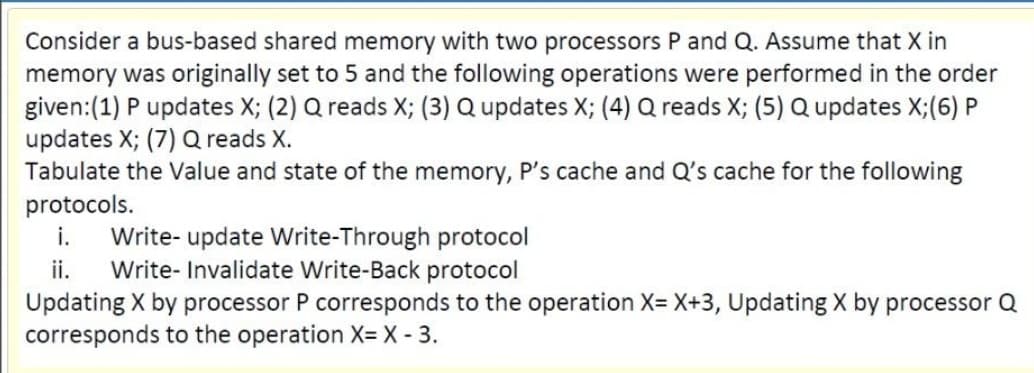 Consider a bus-based shared memory with two processors P and Q. Assume that X in
memory was originally set to 5 and the following operations were performed in the order
given:(1) P updates X; (2) Q reads X; (3) Q updates X; (4) Q reads X; (5) Q updates X;(6) P
updates X; (7) Q reads X.
Tabulate the Value and state of the memory, P's cache and Q's cache for the following
protocols.
i. Write- update Write-Through protocol
ii.
Updating X by processor P corresponds to the operation X= X+3, Updating X by processor Q
corresponds to the operation X= X - 3.
Write- Invalidate Write-Back protocol
