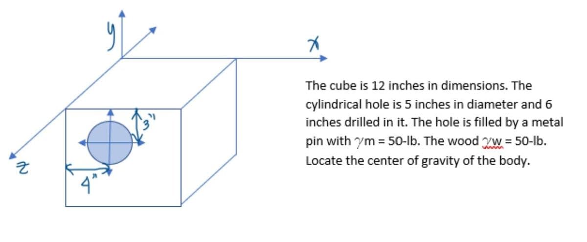 The cube is 12 inches in dimensions. The
cylindrical hole is 5 inches in diameter and 6
inches drilled in it. The hole is filled by a metal
pin with ym = 50-lb. The wood w = 50-lb.
Locate the center of gravity of the body.
