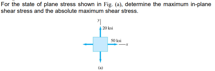 For the state of plane stress shown in Fig. (a), determine the maximum in-plane
shear stress and the absolute maximum shear stress.
Y|
20 ksi
(a)
50 ksi