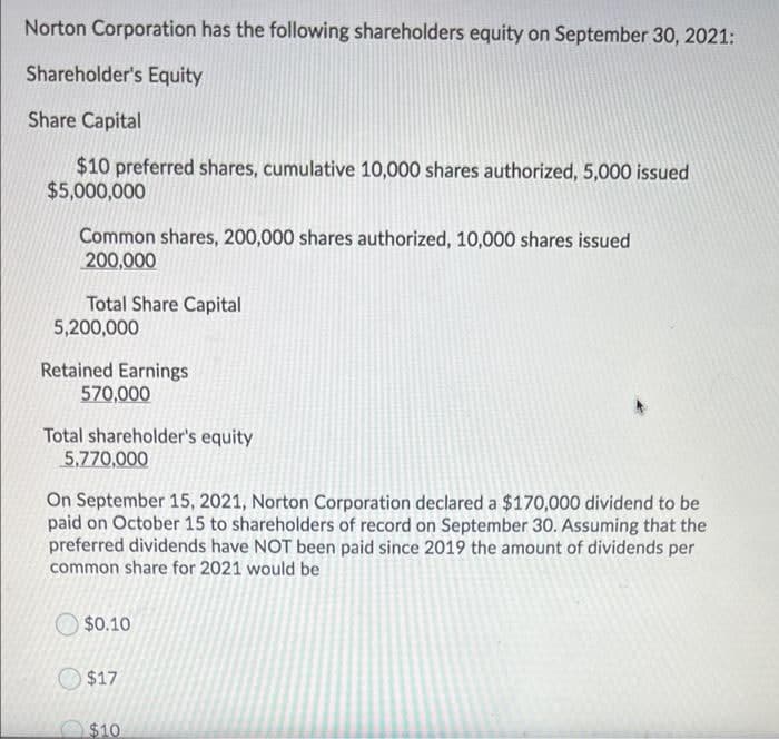 Norton Corporation has the following shareholders equity on September 30, 2021:
Shareholder's Equity
Share Capital
$10 preferred shares, cumulative 10,000 shares authorized, 5,000 issued
$5,000,000
Common shares, 200,000 shares authorized, 10,000 shares issued
200,000
Total Share Capital
5,200,000
Retained Earnings
570,000
Total shareholder's equity
5,770,000
On September 15, 2021, Norton Corporation declared a $170,000 dividend to be
paid on October 15 to shareholders of record on September 30. Assuming that the
preferred dividends have NOT been paid since 2019 the amount of dividends per
common share for 2021 would be
$0.10
O $17
$10
%24
