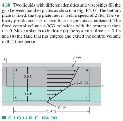 4.38 Two liquids with different densities and viscosities fill the
gap between parallel plates as shown in Fig. P4.38. The bottom
plate is fixed; the top plate moves with a speed of 2 ft/s. The ve-
locity profile consists of two linear segments as indicated. The
fixed control volume ABCD coincides with the system at time
1 = 0. Make a sketch to indicate (a) the system at time t = 0.1 s
and (b) the fluid that has entered and exited the control volume
in that time period.
y|
A
ID
0.5 ft
0.4 ft
-0 ft/s
-1.6 ft
FIGURE P4.38
2 ft/s
B
-1.5 ft/s
x